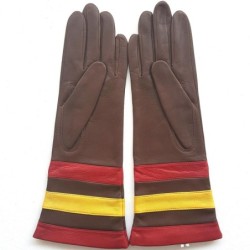 Gants en Cuir d'Agneau Havane Jaune Rouge Donille Doublés Soie.