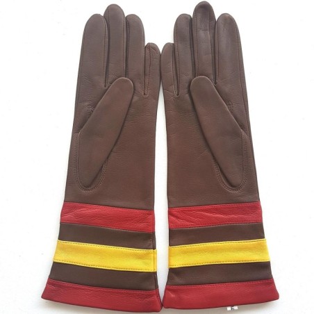 Gants en Cuir d'Agneau Havane Jaune Rouge Donille Doublés Soie.