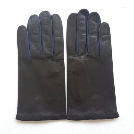 Gants en Cuir d'Agneau Marron Prune Twin H Doublés soie