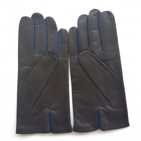 Gants en Cuir d'Agneau Marron Prune Twin H Doublés soie