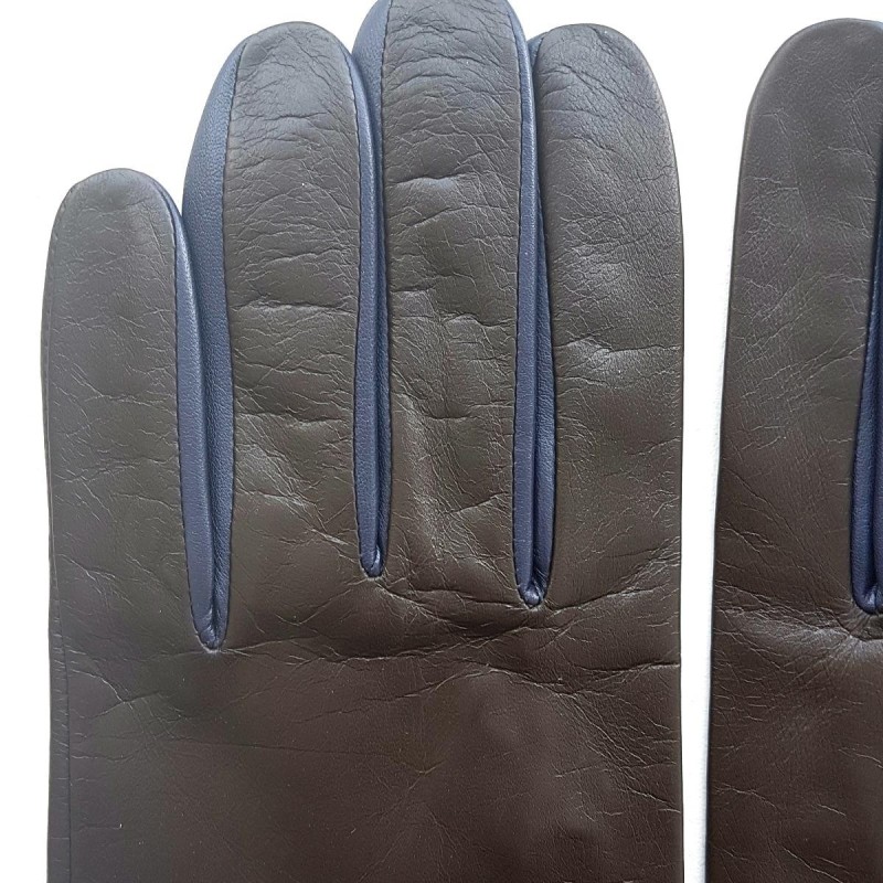 Gants en Cuir d'Agneau Marron Prune Twin H Doublés soie