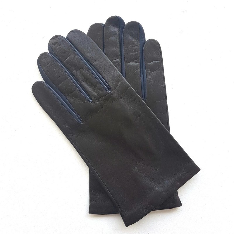 Gants en Cuir d'Agneau Marron Prune Twin H Doublés soie