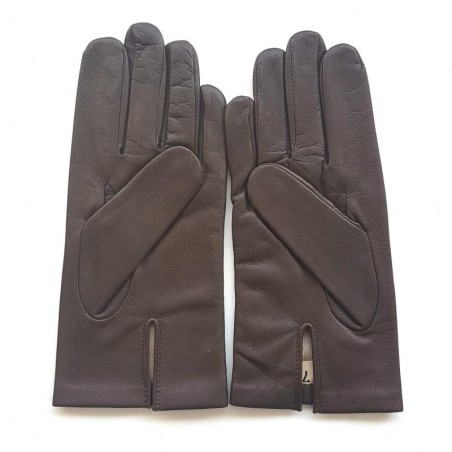 Gants en Cuir d'Agneau Marron Rouge Noir Akano Doublés Soie.