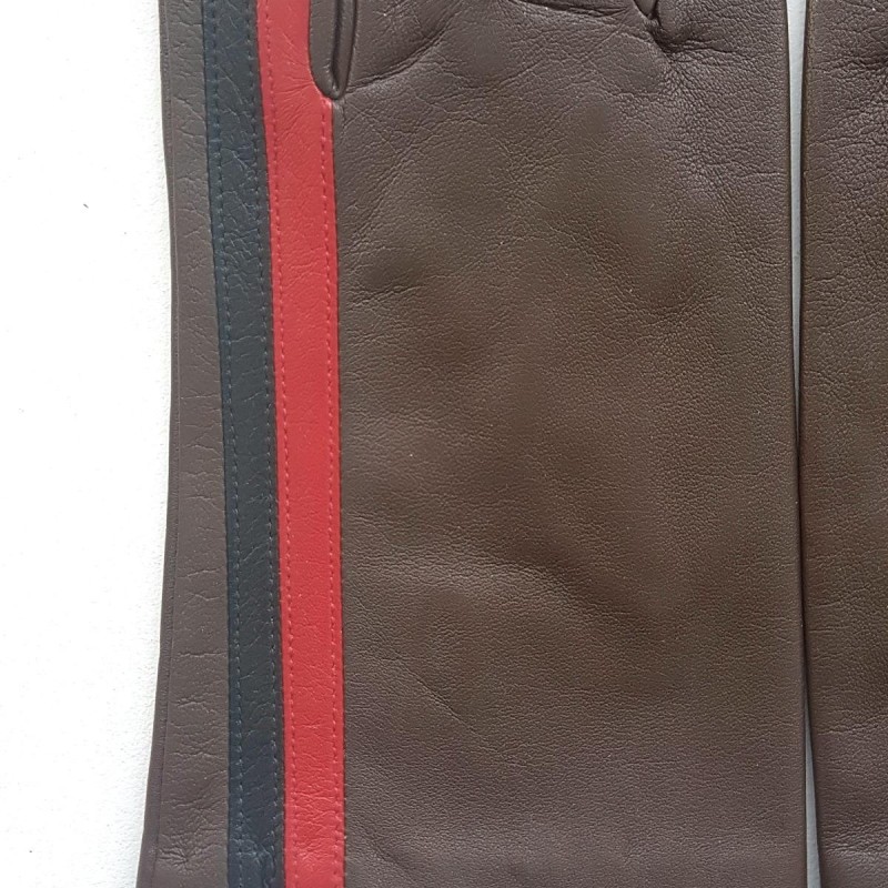 Gants en Cuir d'Agneau Marron Rouge Noir Akano Doublés Soie.