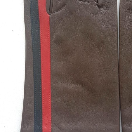 Gants en Cuir d'Agneau Marron Rouge Noir Akano Doublés Soie.