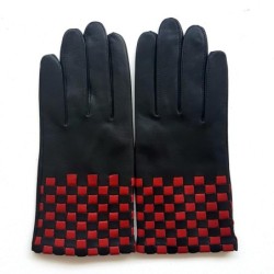 Gants en Cuir d'Agneau Noirs Rouges Léopold Doublés Soie.