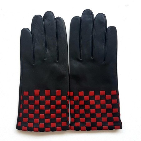 Gants en Cuir d'Agneau Noirs Rouges Léopold Doublés Soie.