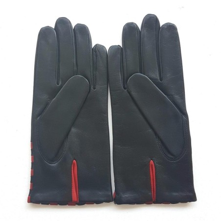 Gants en Cuir d'Agneau Noirs Rouges Léopold Doublés Soie.