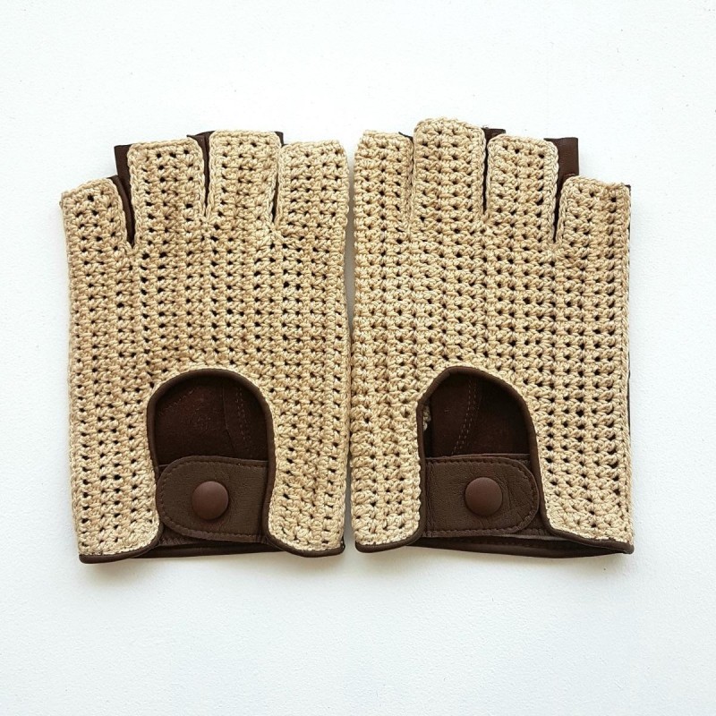 Mitaines en Cuir d'Agneau Crochet Coton Havane écru Pilote Non Doublés