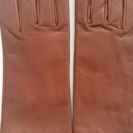 Gants en Cuir d'Agneau Cognac Capucine Doublés Soie.