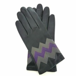 Gants en Cuir d'Agneau Noir Charcoal Améthyste Trièdre Doublés Soie.