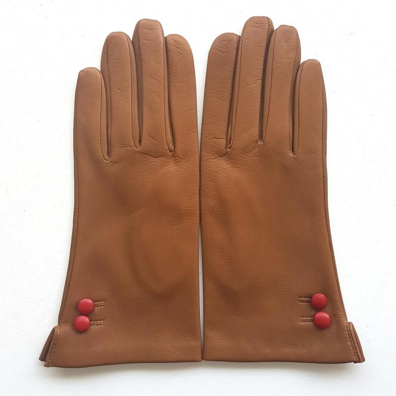 Gants en Cuir d'Agneau Biscuit Rouge Clémentine Doublés Soie.
