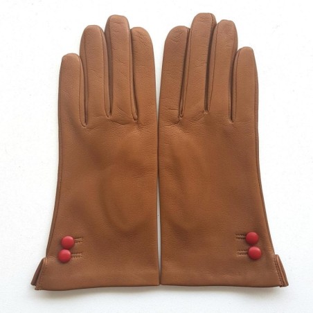 Gants en Cuir d'Agneau Biscuit Rouge Clémentine Doublés Soie.