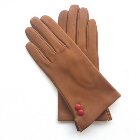 Gants en Cuir d'Agneau Biscuit Rouge Clémentine Doublés Soie.