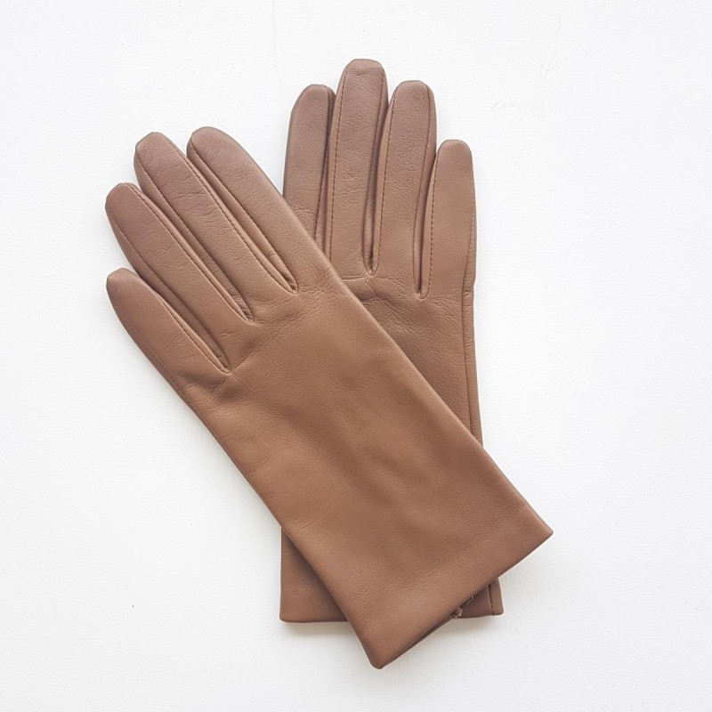 Gants en Cuir d'Agneau Argile Capucine Doublés Soie.