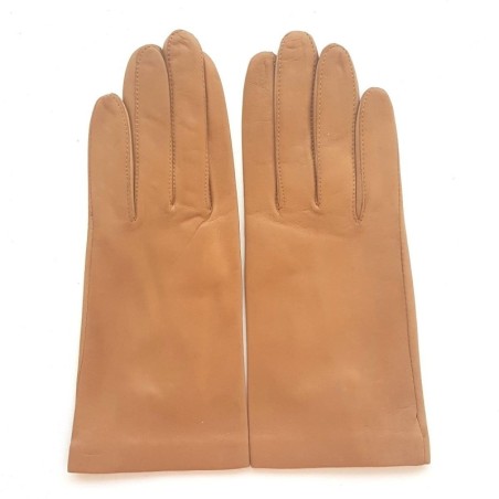 Gants en Cuir d'Agneau Miel Ambré Capucine Doublés Soie.