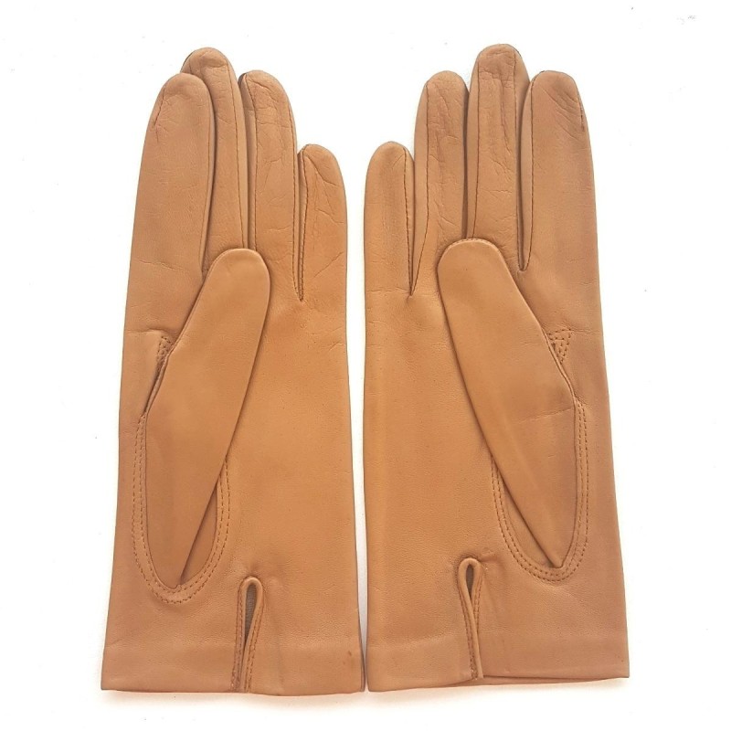 Gants en Cuir d'Agneau Miel Ambré Capucine Doublés Soie.