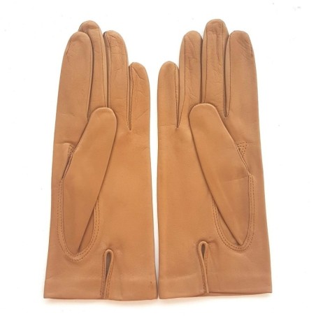Gants en Cuir d'Agneau Miel Ambré Capucine Doublés Soie.