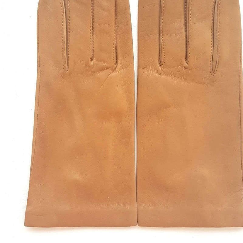 Gants en Cuir d'Agneau Miel Ambré Capucine Doublés Soie.