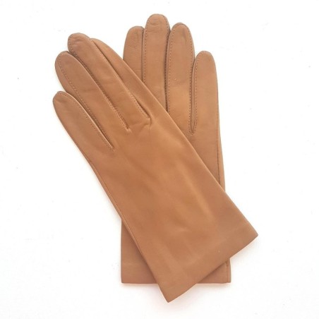 Gants en Cuir d'Agneau Miel Ambré Capucine Doublés Soie.