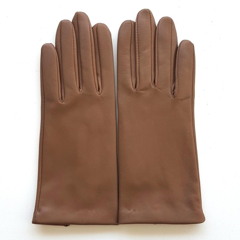 Gants en Cuir d'Agneau Sable Capucine Doublés Soie.