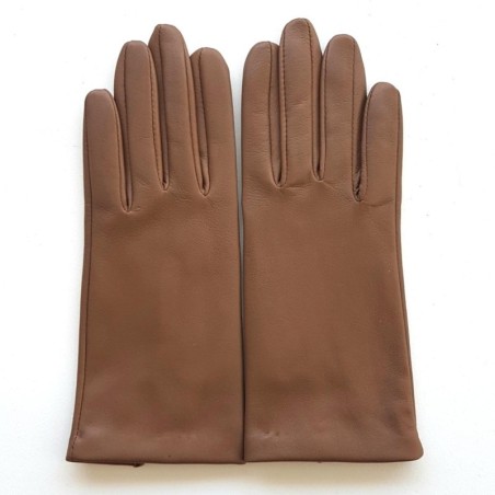 Gants en Cuir d'Agneau Sable Capucine Doublés Soie.