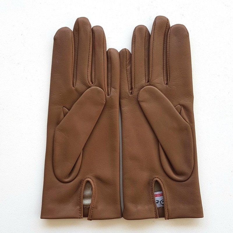 Gants en Cuir d'Agneau Sable Capucine Doublés Soie.