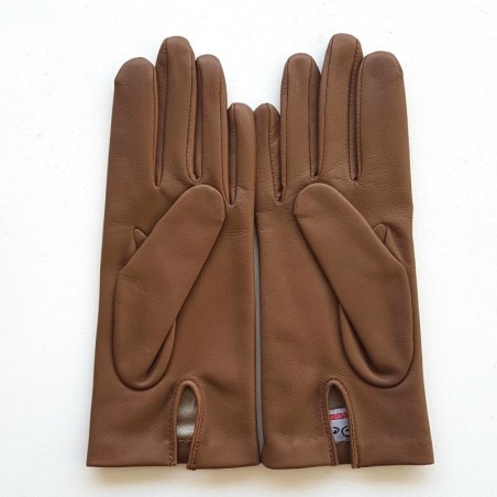 Gants en Cuir d'Agneau Sable Capucine Doublés Soie.