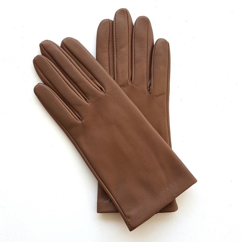 Gants en Cuir d'Agneau Sable Capucine Doublés Soie.