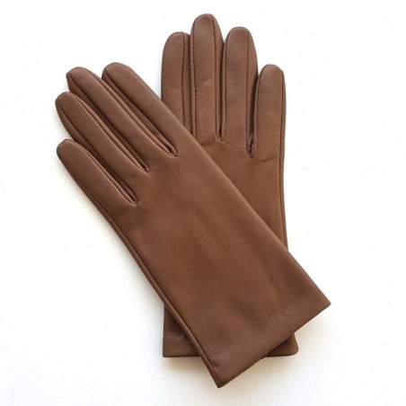 Gants en Cuir d'Agneau Sable Capucine Doublés Soie.