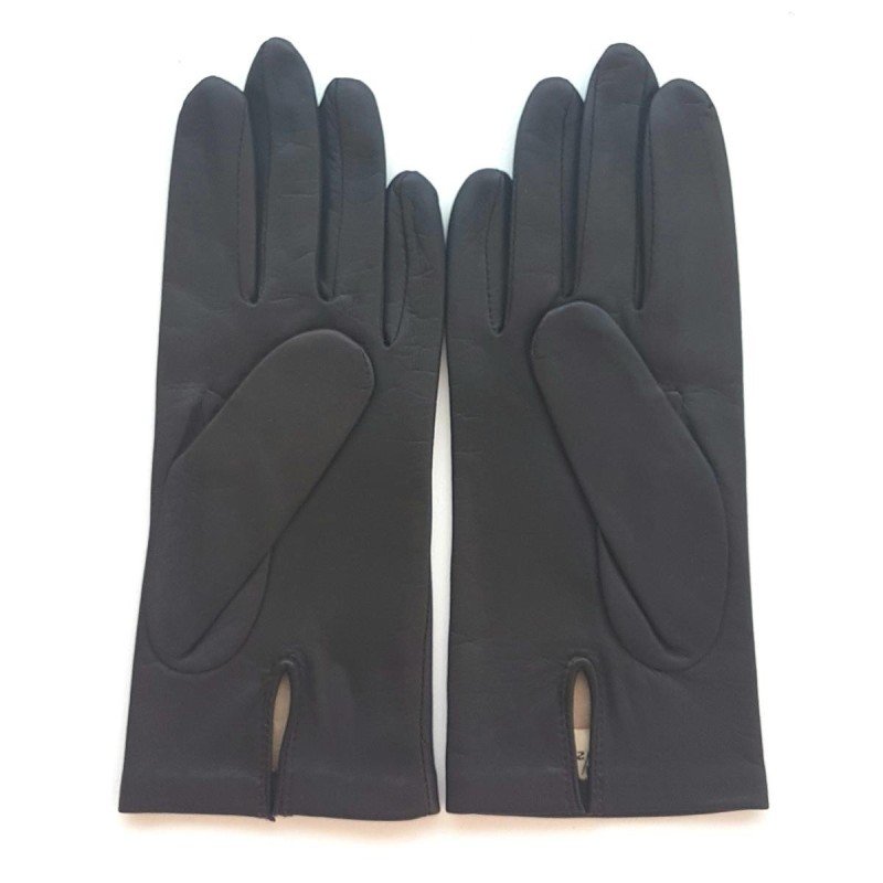 Gants en Cuir d'Agneau Ebène Capucine Doublés Soie.