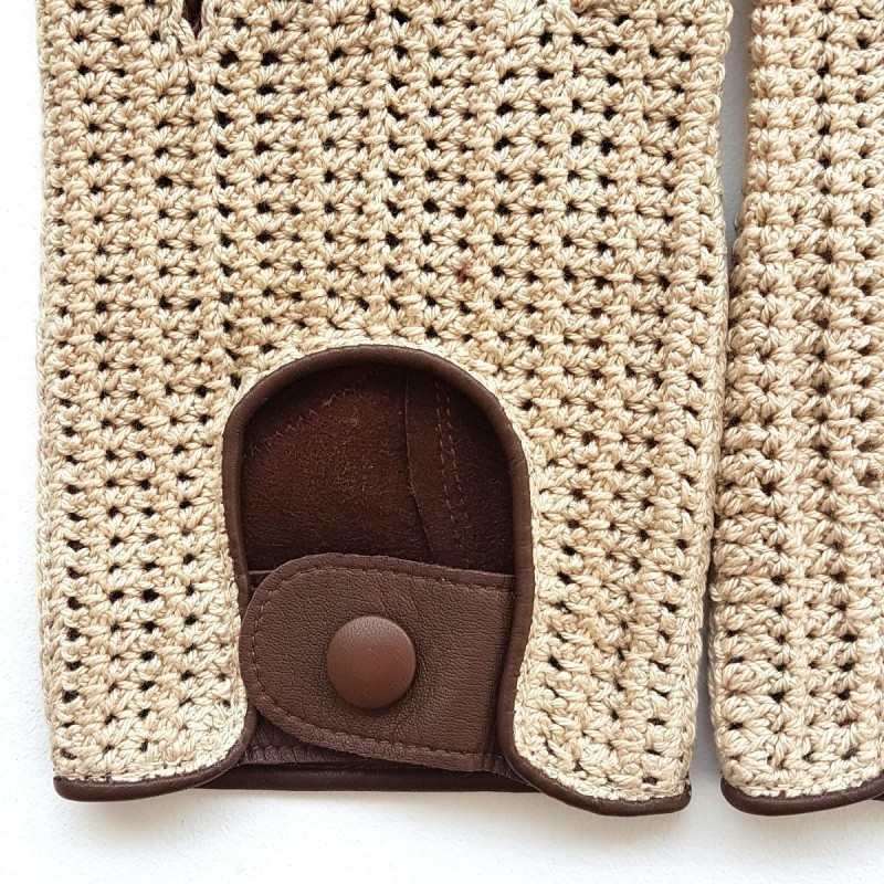 Mitaines en Cuir d'Agneau Crochet Coton Havane écru Pilote Non Doublés