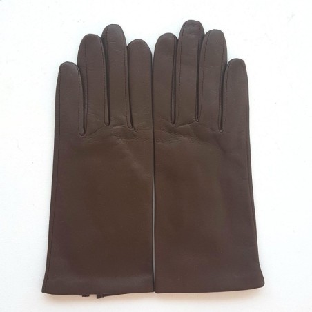 Gants en Cuir d'Agneau Chocolat Foncé Capucine Doublés Soie.