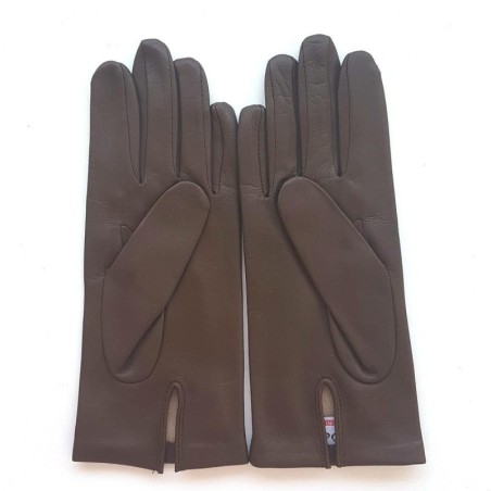 Gants en Cuir d'Agneau Chocolat Foncé Capucine Doublés Soie.