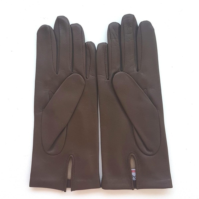 Gants en Cuir d'Agneau Chocolat Foncé Capucine Doublés Soie.