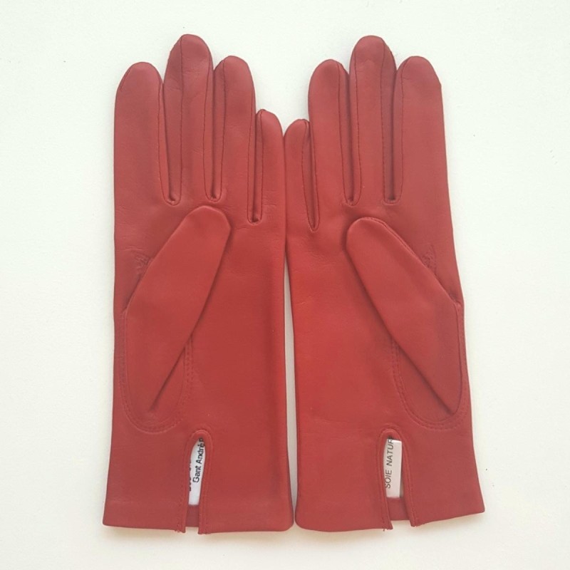 Gants en Cuir d'Agneau Fraise Capucine Doublés Soie.