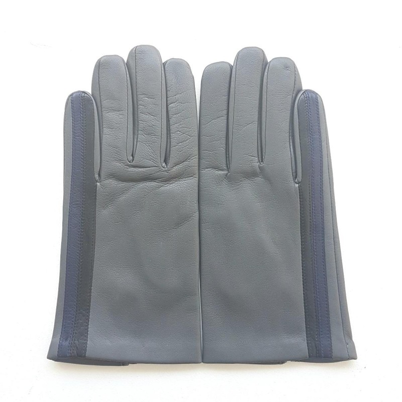 Gants en Cuir d'Agneau Gris Myrtille  Noir Akano Doublés Soie.