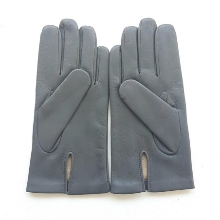 Gants en Cuir d'Agneau Gris Myrtille  Noir Akano Doublés Soie.