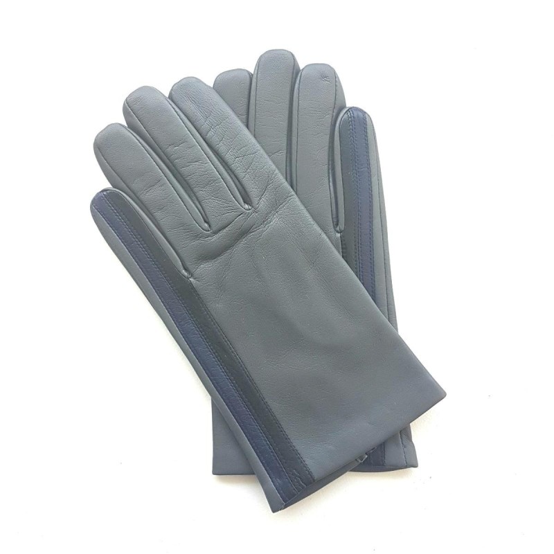 Gants en Cuir d'Agneau Gris Myrtille  Noir Akano Doublés Soie.