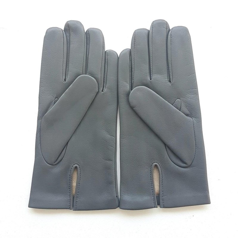 Gants en Cuir d'Agneau Gris Myrtille  Noir Akano Doublés Soie.