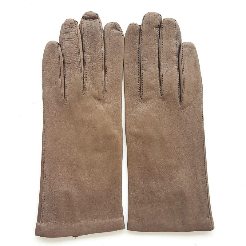 Gants en Cuir d'Agneau Taupe Capucine Doublés Soie.