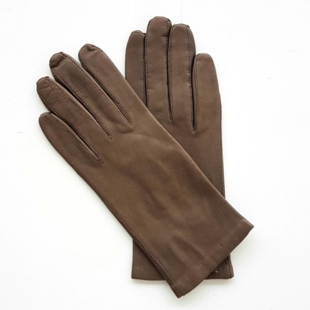 Gants en Cuir d'Agneau Taupe Capucine Doublés Soie.