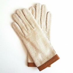Gants en Cuir de Pécari Crochet Coton Cork Beige Paulina Non Doublés