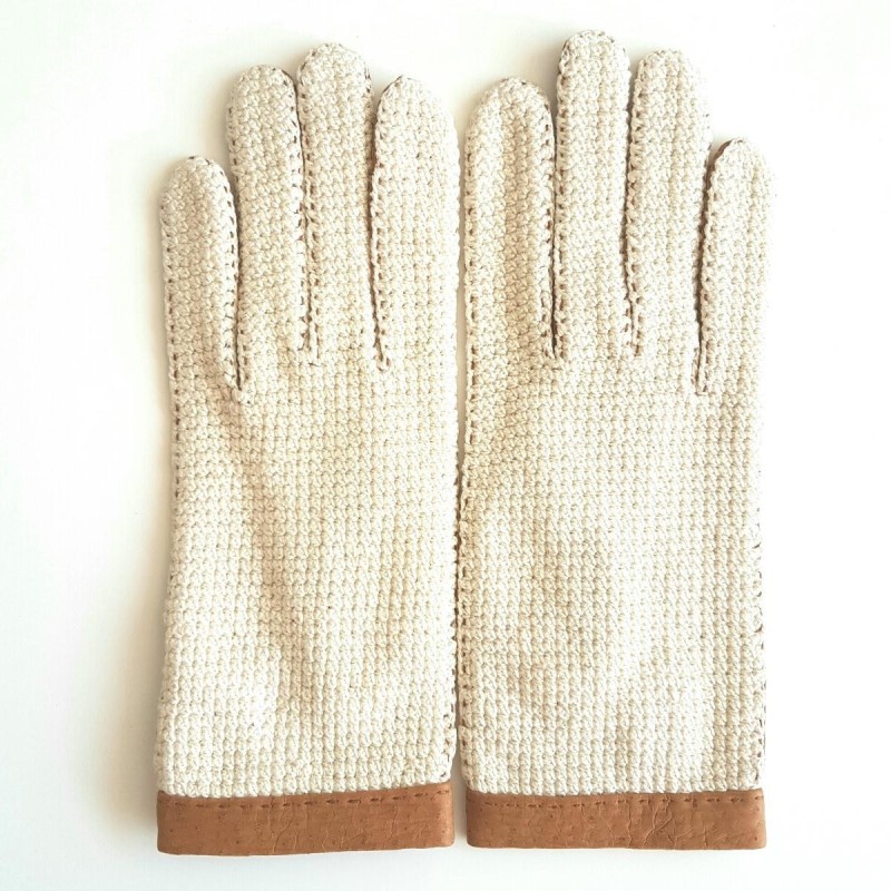 Gants en Cuir de Pécari Crochet Coton Cork Beige Paulina Non Doublés