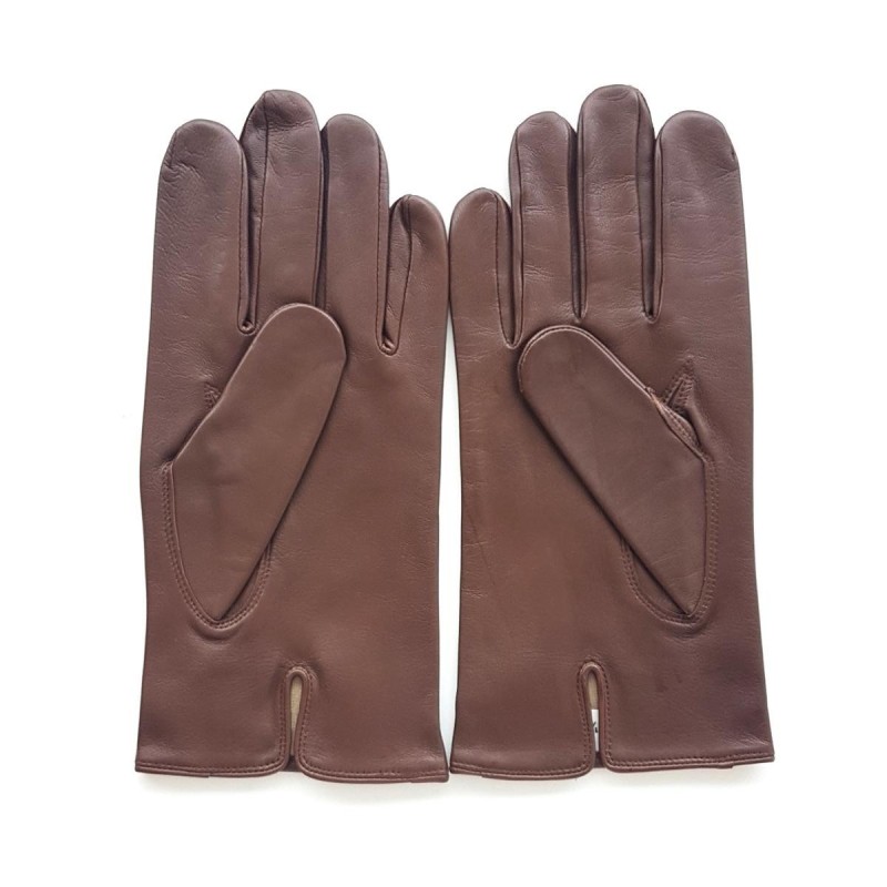 Gants en Cuir d'Agneau Chocolat Steeve Doublés Soie.