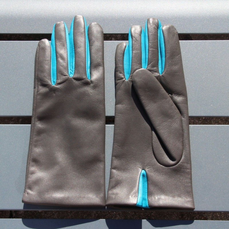 Gants en Cuir d'Agneau Gris Paon Colombe Doublés soie
